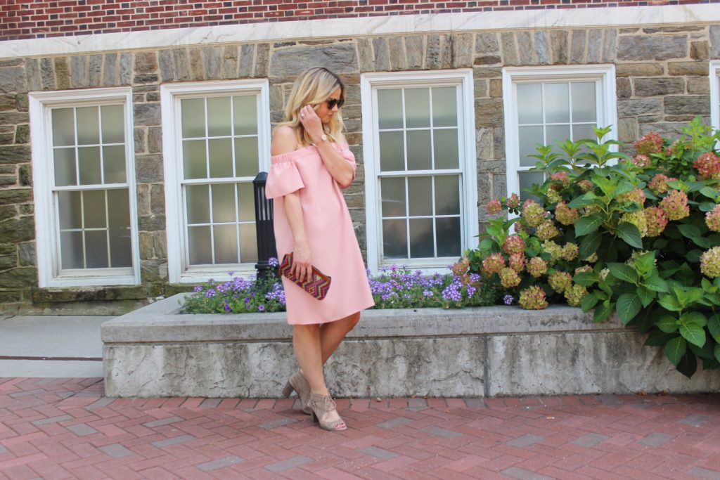 pink dress off the shoulder