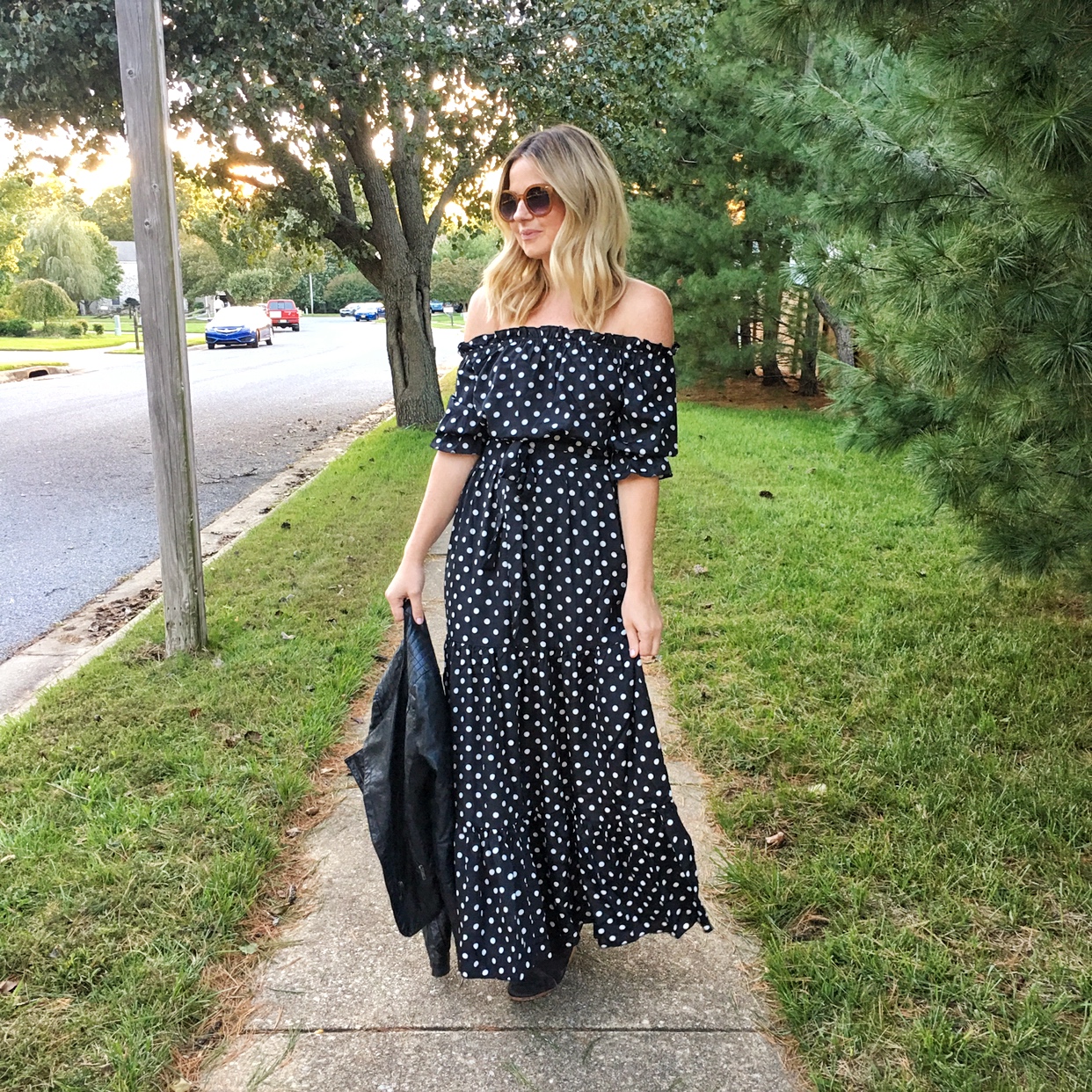 Polka dot off store the shoulder dress