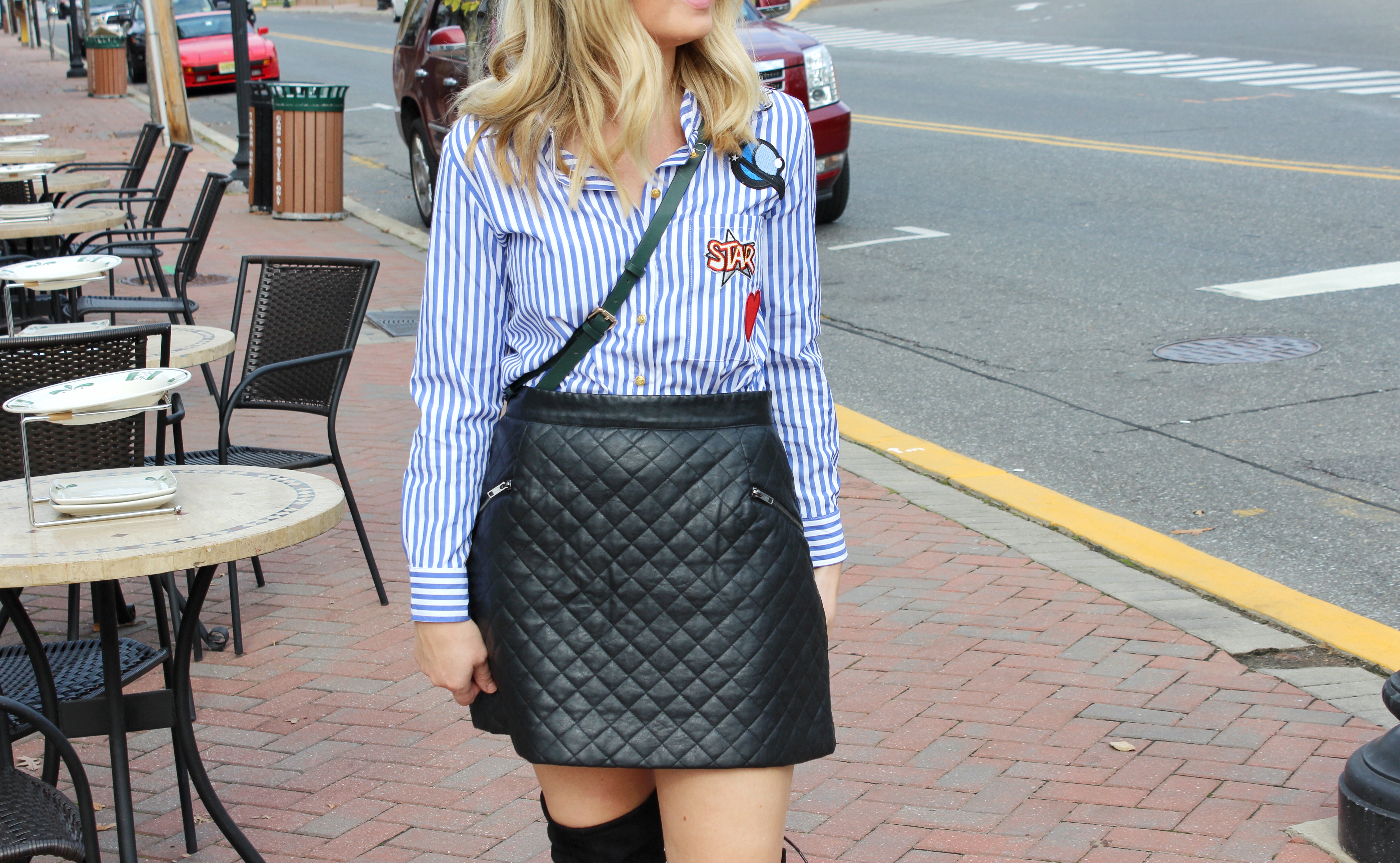 Striped Shirt and Leather Skirt